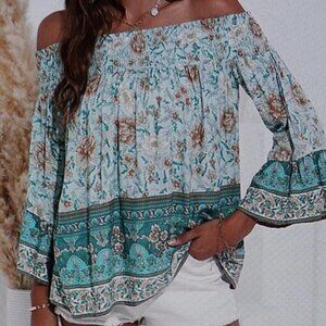 Romantichut Green Floral Off Shoulder Top Size S
